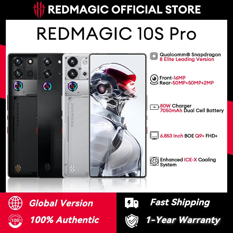 Global Version Redmagic 10S Pro NX789J Snapdragon 8 Elite Leading Version 6.853" Q9+ 144Hz AMOLED 50*2+2+16MP 7050mAh 80W NFC