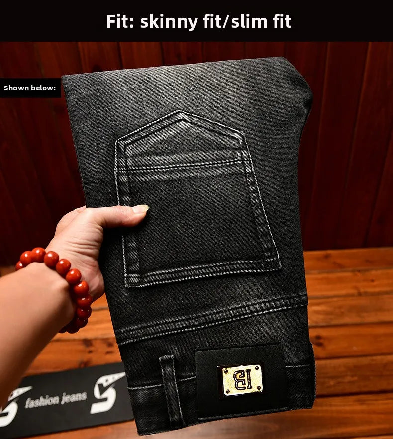 Metal Decor Design Black Jeans Men Trendy Ripped Fashion Retro Nostalgic Street Slim Fit Skinny Pants