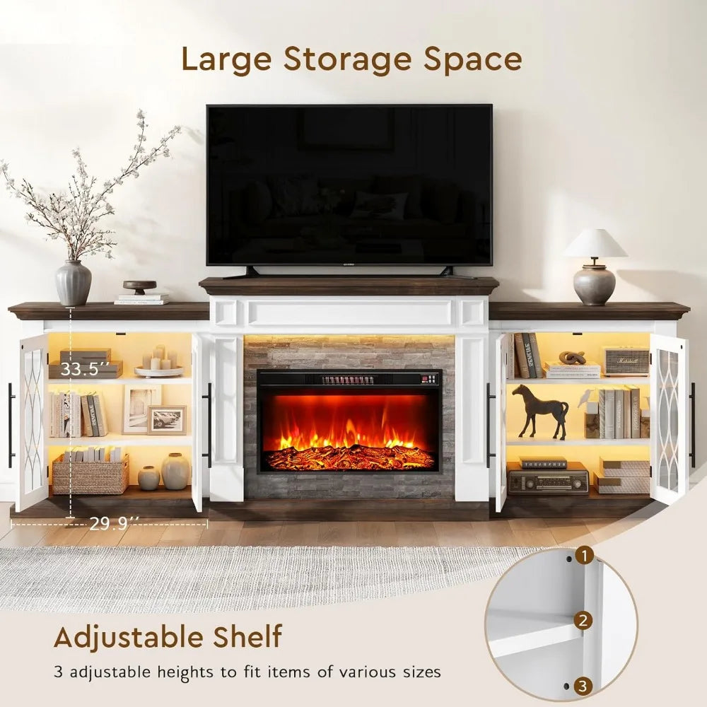 104" LED Fireplace TV Stand with Outlet for TVs Up to 100 Inch, Electric Fireplace with Mantel,with Storage,Entertainment Center