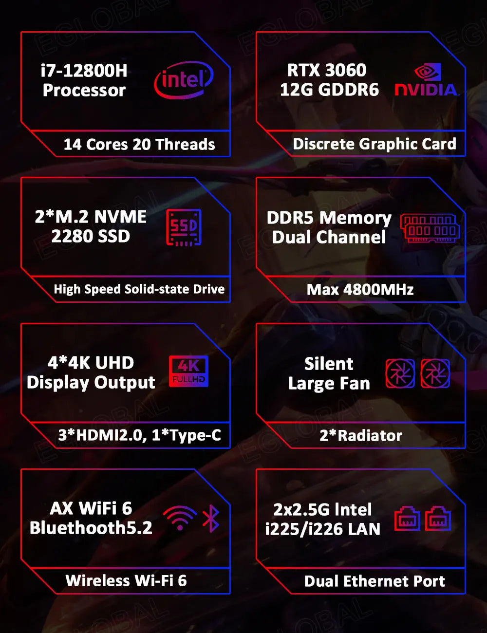 EGLOBAL Gaming Mini PC RTX4060 i9 12900HX 13900HK 32G DDR5 2TB NVMe PC 3*HD Ports Windows11 Desktop Computer Gaming PC