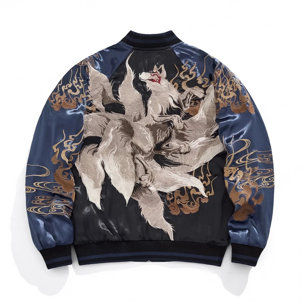 High Quality Fashion Anime Fox Embroidered Zipper Jacket Autumn Streetwear Hip Hop Men's Harajuku Japanese Baseball Coat