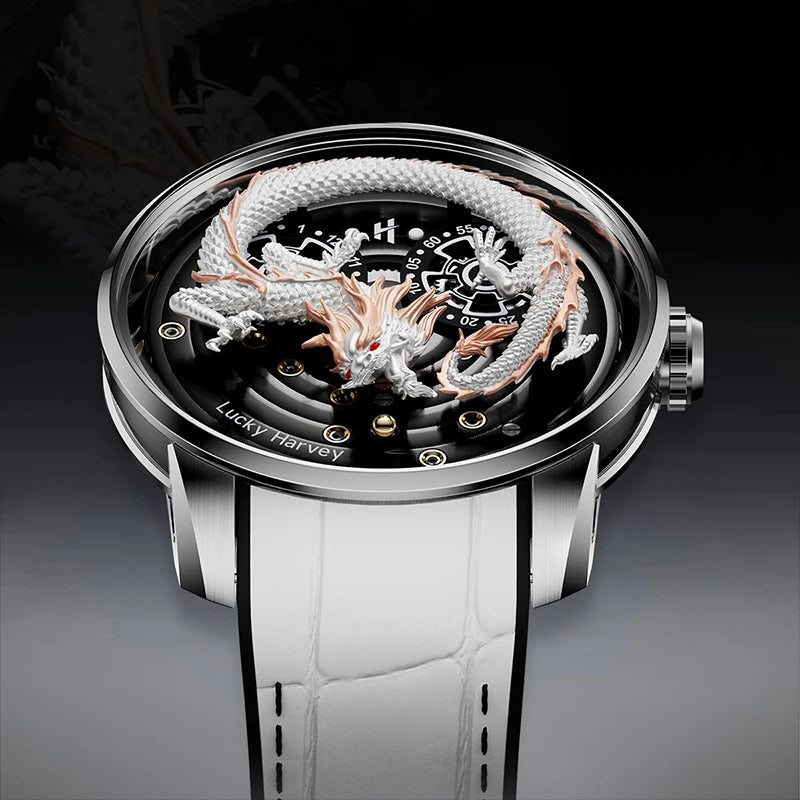 Lucky Harvey Chinese 3D Engraving Dragon Dial Automatic Mechanical Watches for Men Sapphire Crystal Business Fashion Watch