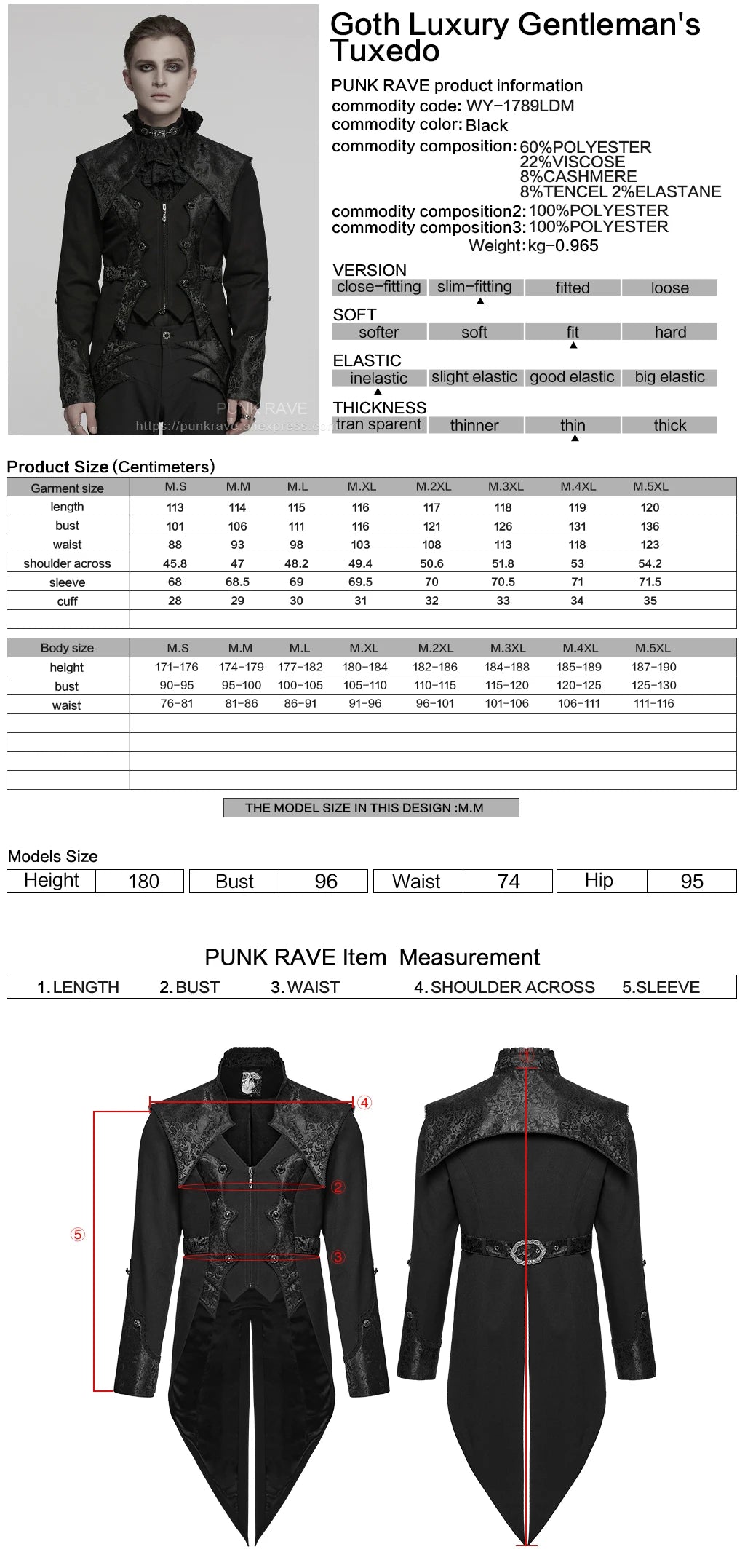 PUNK RAVE Men's Gothic Textured Jacquard Luxury Gentleman Tuxedo Handsome Stand Up Collar Cloud Shoulder Style Elegant Jacket