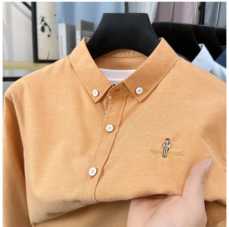 High end brand men's long sleeve shirt fashion cartoon embroidery comfort silk cotton solid color luxury golf casual lapel top