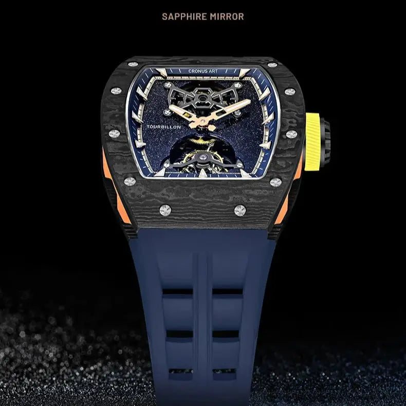 CRONUSART Men Tourbillon Watch 50mm Tonneau Mechanical Wristwatch Carbon Fiber Case & Dial Luminous Sapphire Mirror