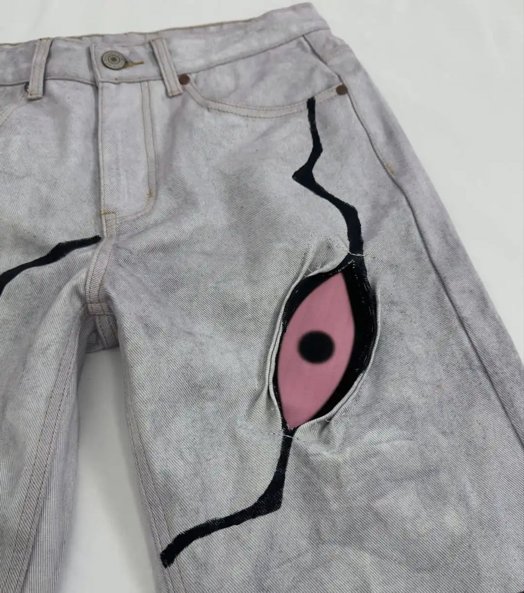 Hip Hop Street Denim Pants, Retro Anime Patterns, Patchwork Embroidery, Men's and Women's Straight Leg Jeans