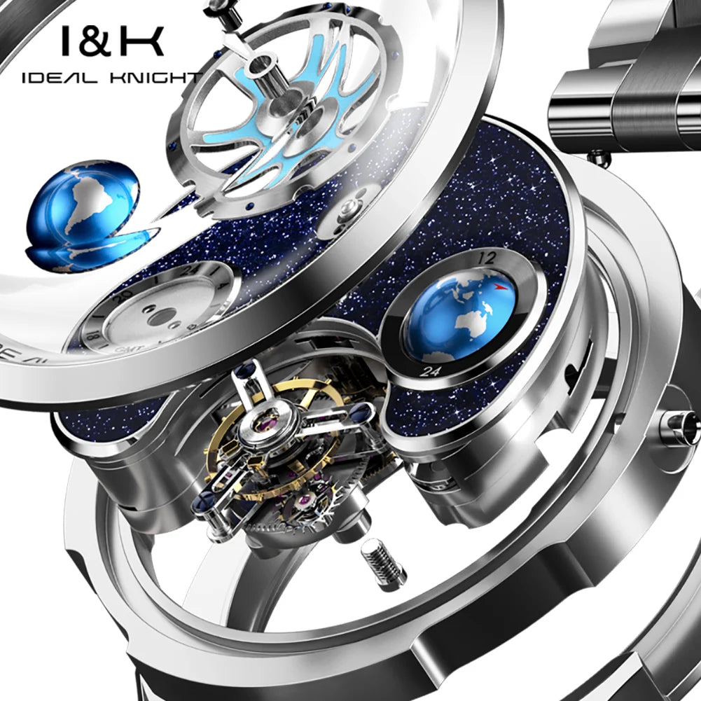 IDEAL KNIGHT Tourbillon Watch 6805 Men Automatic Mechanical Watch 100% Official Original Blue Earth Series Men Watch High Gift
