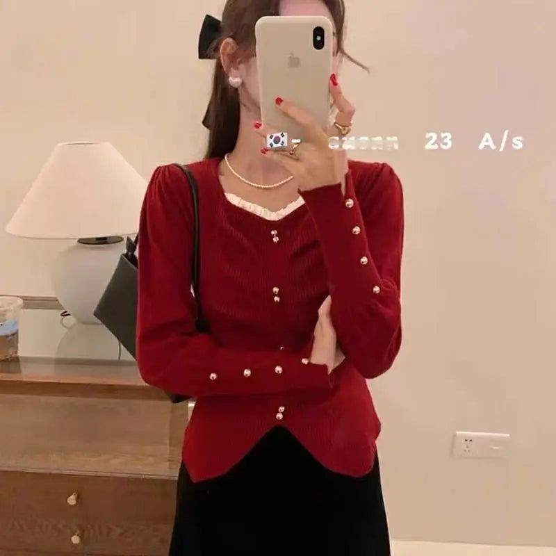 Pleated Slit Hem Contrast Patchwork Sweet Pullovers Women Clothing New Long Sleeve Fashion Sweaters Casual Korean Autumn Winter