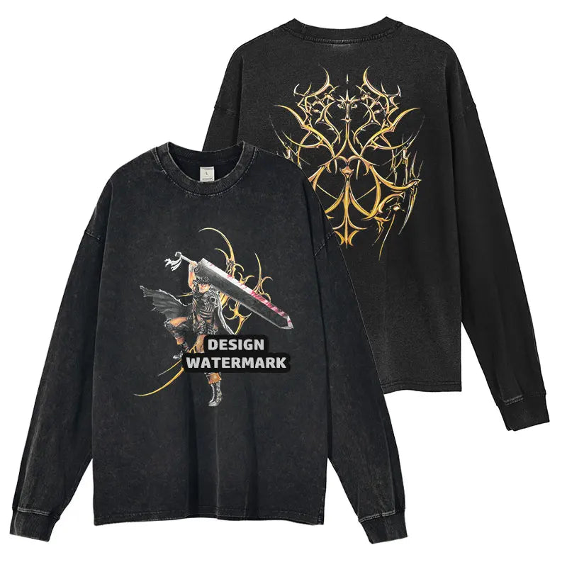 Anime Griffith Sweater Oversized Vintage Washed B -Berserk Long Sleeve T Shirt Manga Guts Pullover Zodd Sweatshirts 100% Cotton