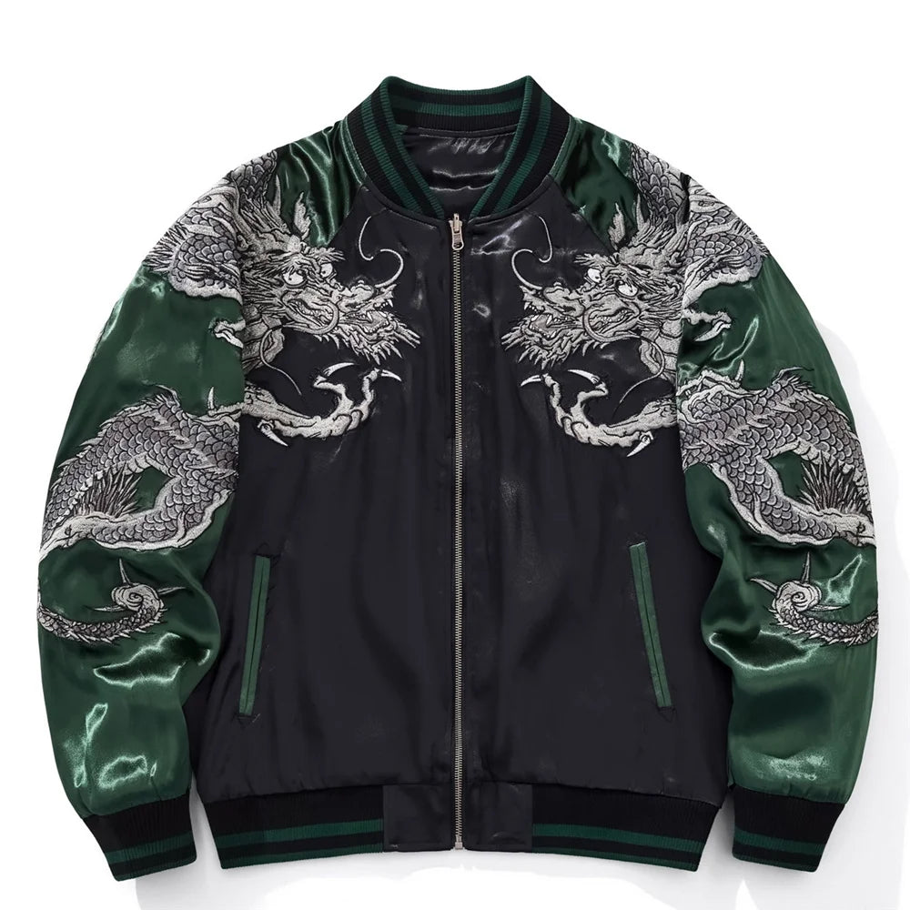 Harajuku Yokosuka Dragon Embroidered Jacket Autumn Street Hip Hop Men's Green Sleeve Japanese Coat
