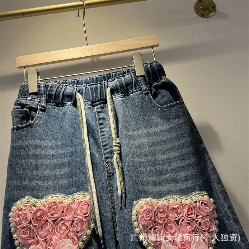 American Style Heavy Beaded Letter Cartoon Anime Elastic Waist Wide Leg Jeans Versatile Casual Full Length Trousers For Women