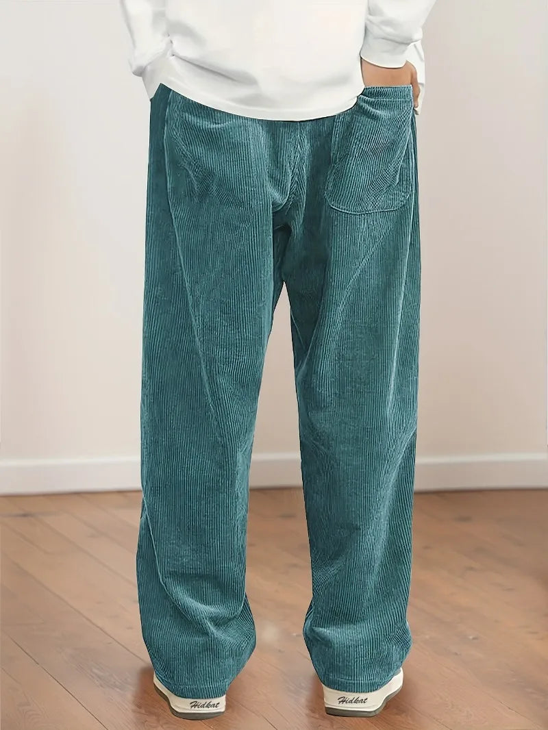 Women's Corduroy Pants Texture Straight-Leg Trousers with Drawstring Waist & White Piping - All-Season Casual to Semi-Formal