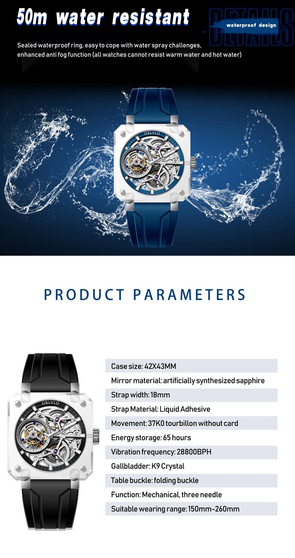 OBLVLO Men's Blue Skeleton Dial Tourbillon Automatic Watch Transparent Square Analog Display And Hollow-out Design BR-TB