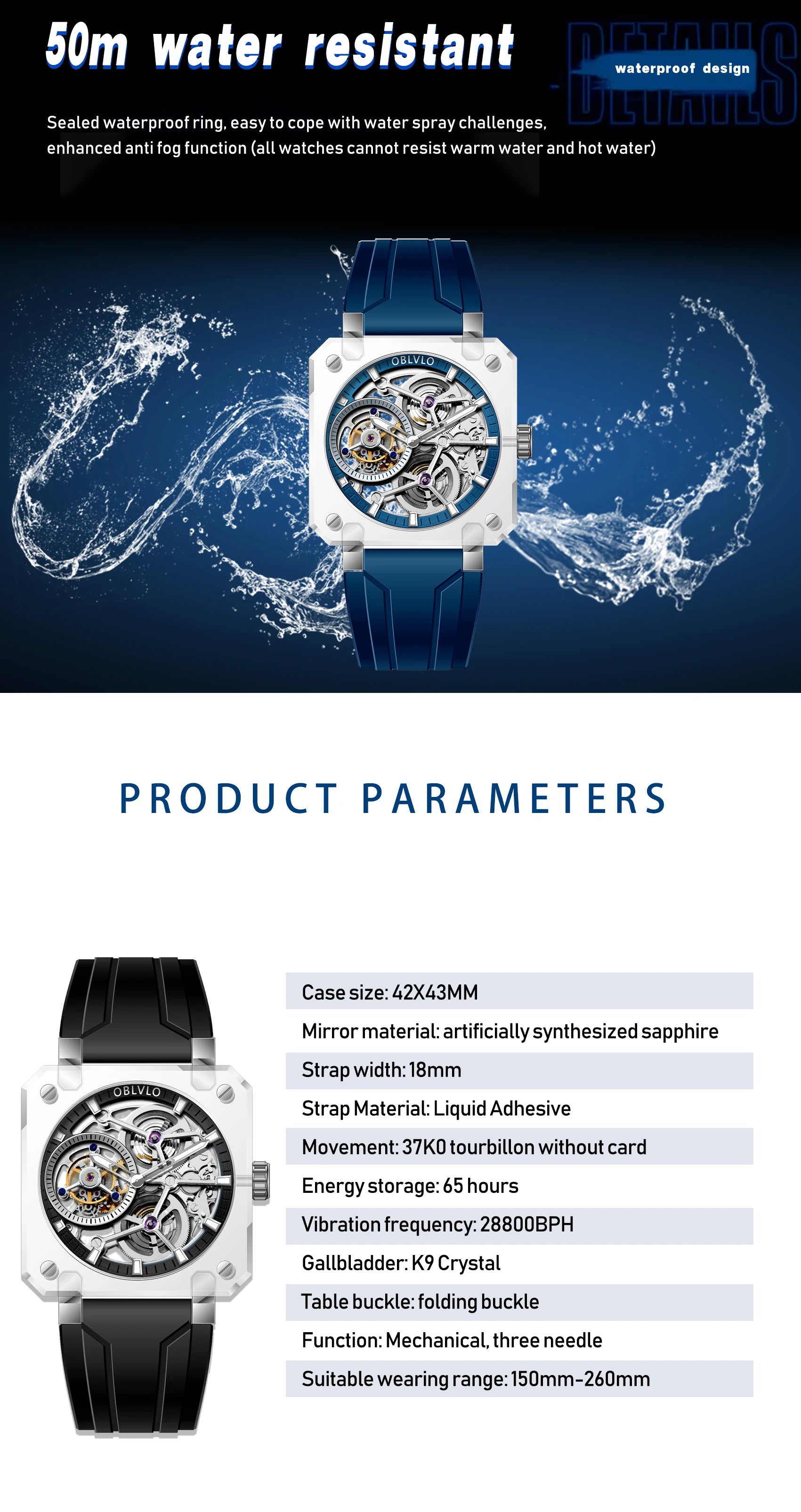 OBLVLO Men's Blue Skeleton Dial Tourbillon Automatic Watch Transparent Square Analog Display And Hollow-out Design BR-TB