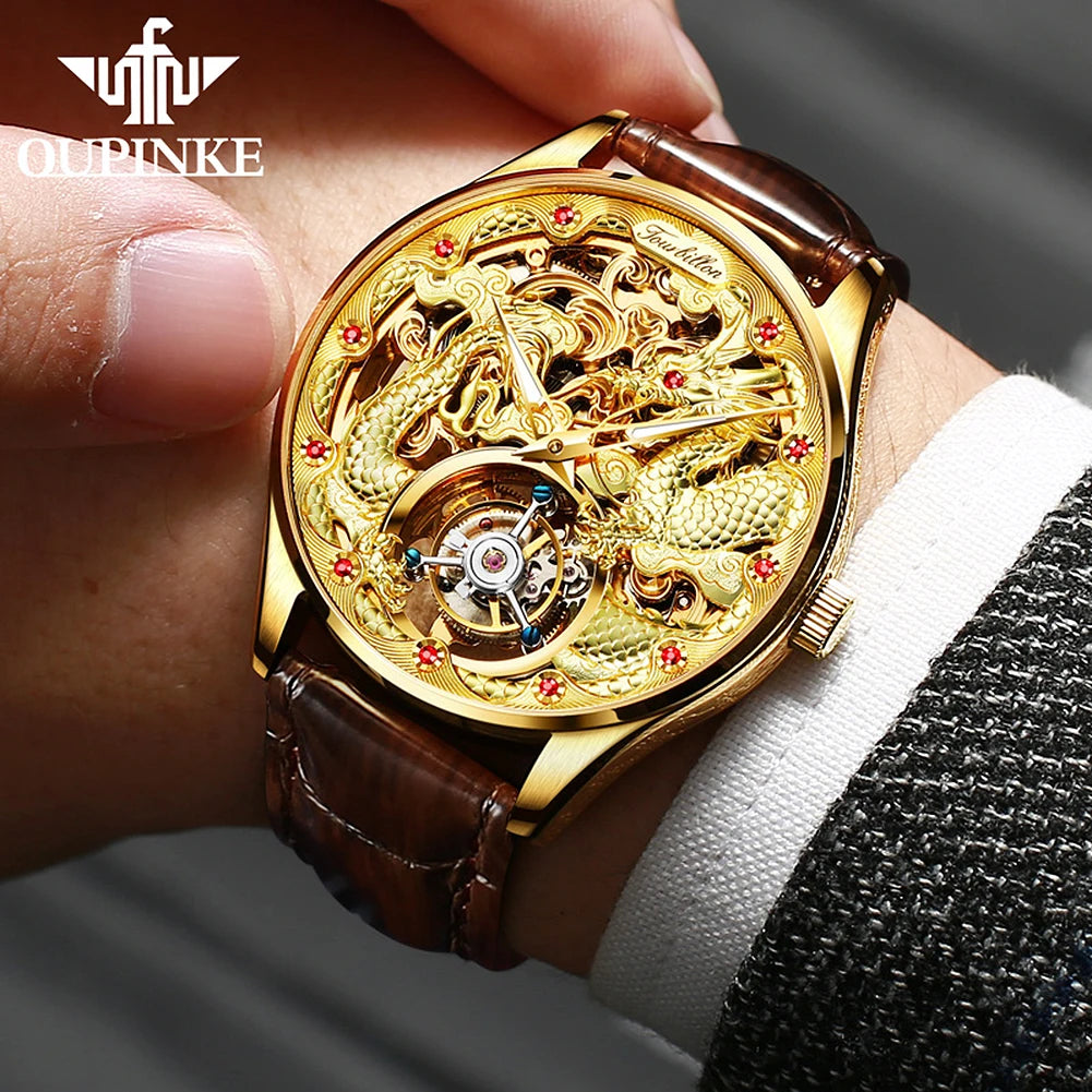 100% OUPNKE 3176 Authentic Tourbillon Men Watch Luxury 3D Relief Golden Dragon Watch Original Mature Automatic Mechanical Watch