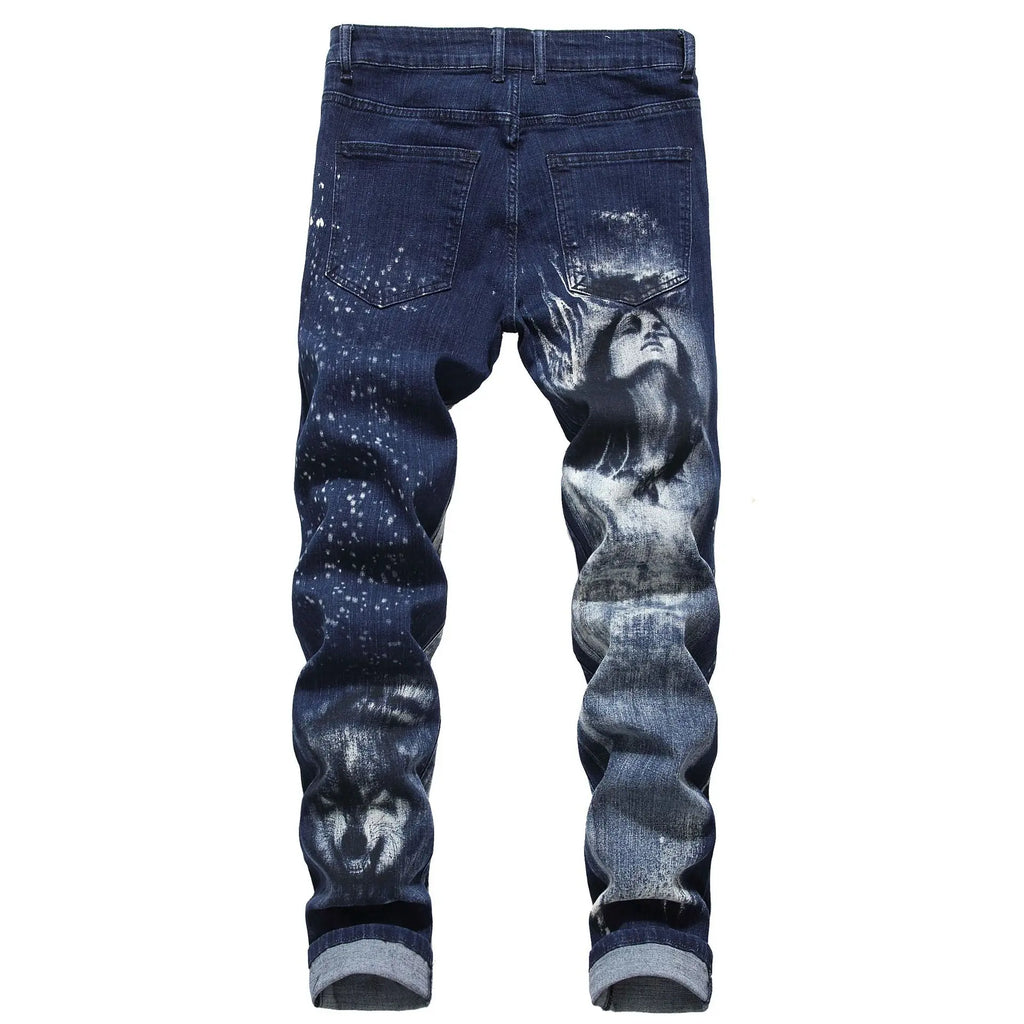 2026 Men's Blue 3D Printing Jeans, Black Wolf Pattern Printed Punk Straight Cotton Casual Print Denim Pants Asian Size 28-42