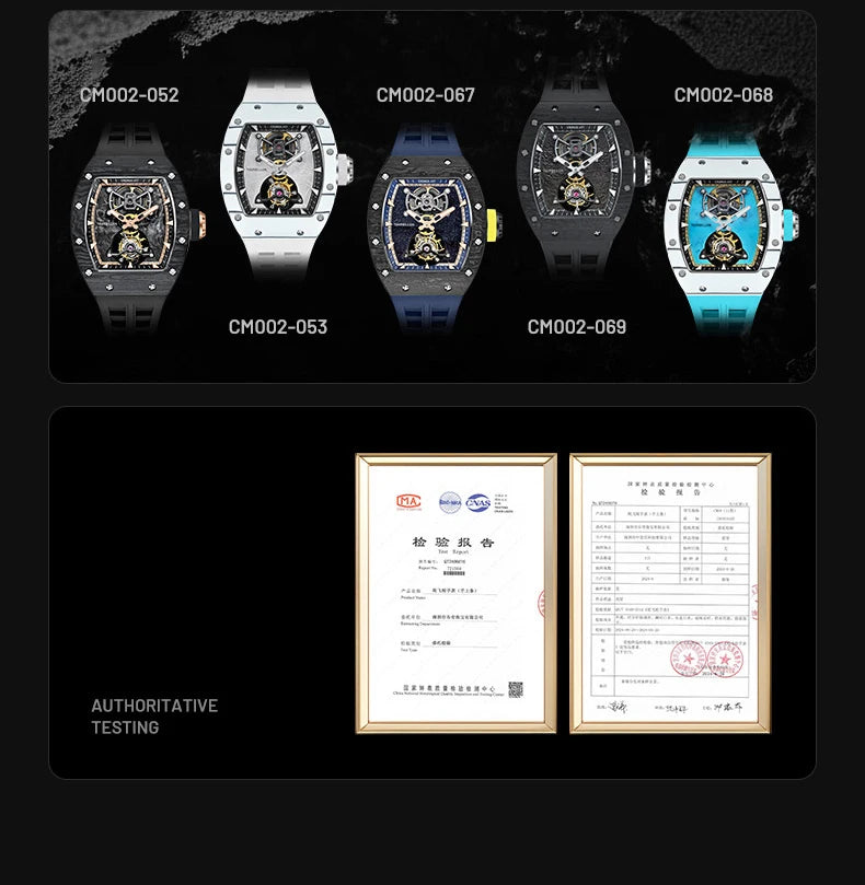 CRONUSART Men Tourbillon Watch 50mm Tonneau Mechanical Wristwatch Carbon Fiber Case & Dial Luminous Sapphire Mirror