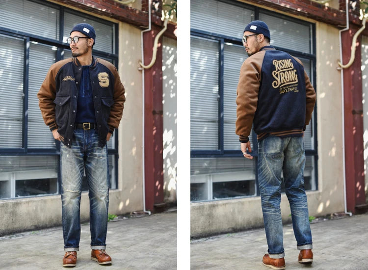 Sauce zhan Bamboo shaped yarn Mens Jeans Selvedge Denim Jeans Distressed Wash jeans for men Straight Fit 14 Oz