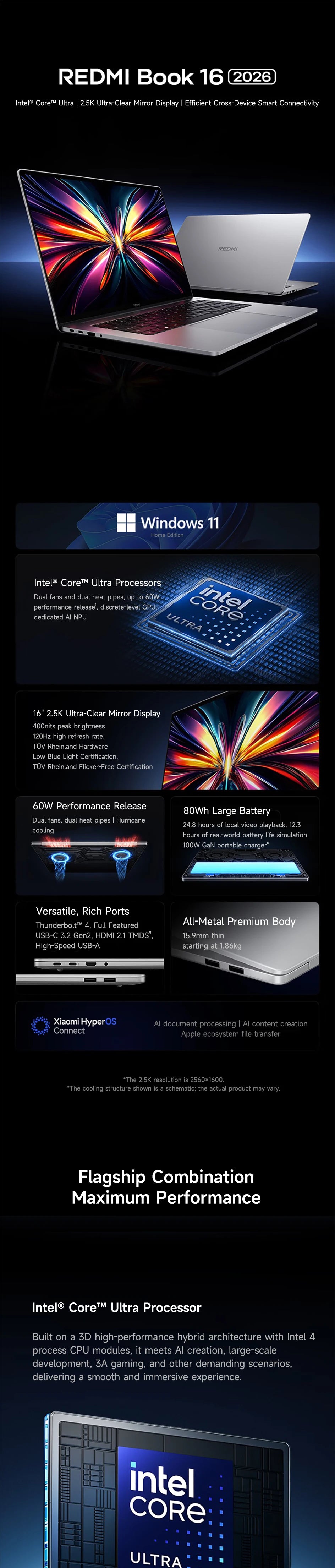 Xiaomi Redmi Book 16 2026 Intel Core Ultra 5 125H / 16GB / 32GB / 512GB / 1TB / 2TB  LPDDR5X 7467MT/s  2.5K 120Hz Laptop