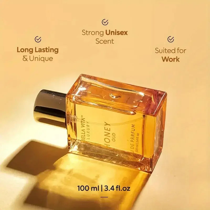 BellaVita Honey OUD Perfume for Women & Men 100ml | Vanilla, Bergamot & Patchouli Notes | Long-Lasting Arabian Unisex Perfumes