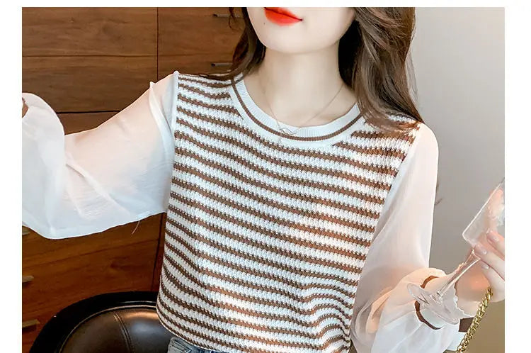 Patchwork Striped Fake Two Pieces Blouse Spring Autumn Long Sleeve O-neck Korean Shirt Tops Fashion Temperament Women Clothing