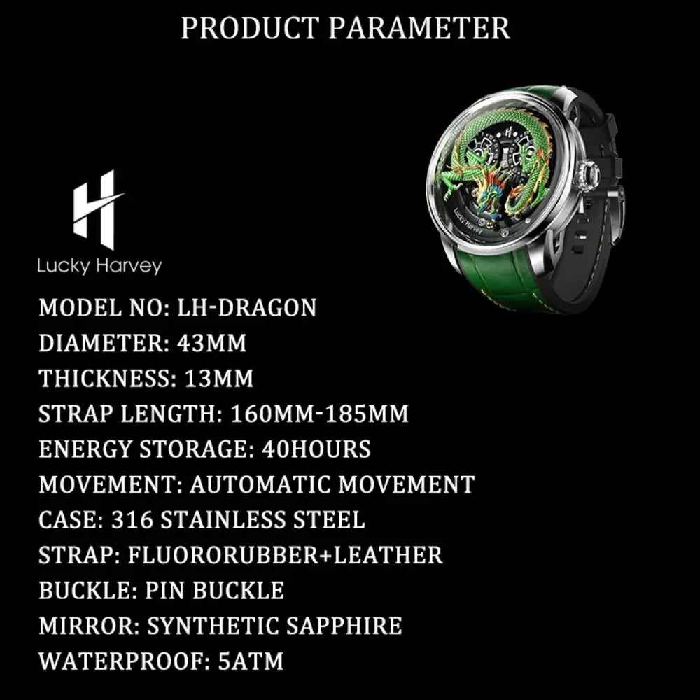 Lucky Harvey Automatic mechanical movement watches for men Synthetic sapphire 3D  Engraving Chinese dragon dial waterproof watch