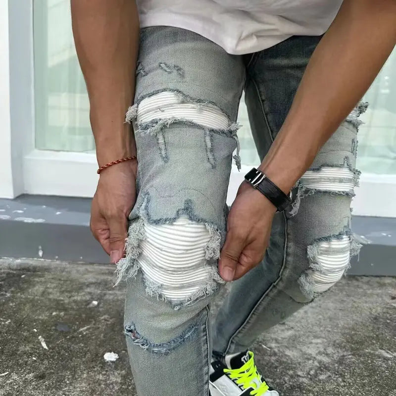 European and American designers fashion new men's jeans stretch slim fit retro light blue patchwork white patch jeans high stree