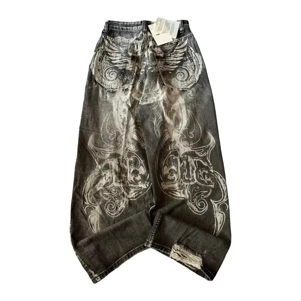 American Fashion New Black Old Washed Holes Baggy Jeans Ladies Y2K Vintage Punk Fashion Casual Joker High Waist Wide Leg Pants
