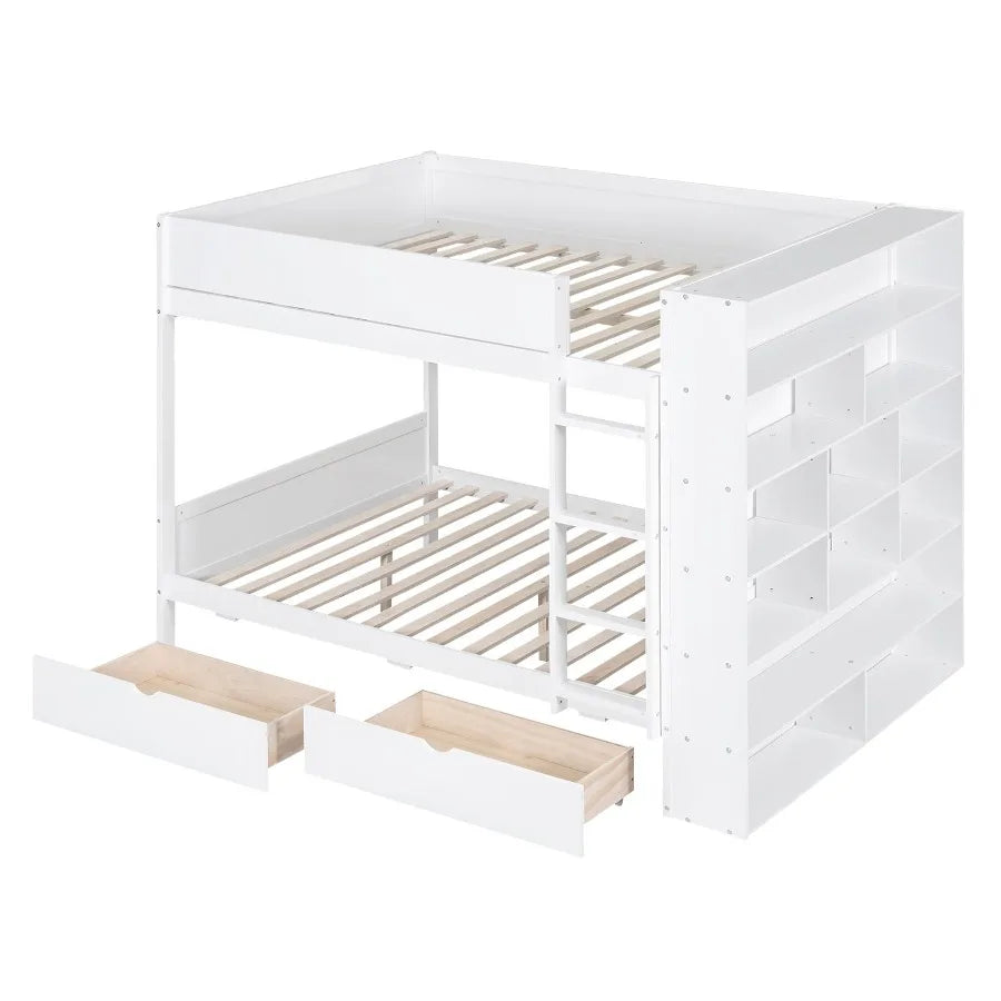 Full over Full Bunk Bed With 2 Drawers and Multi-layer Cabinet White