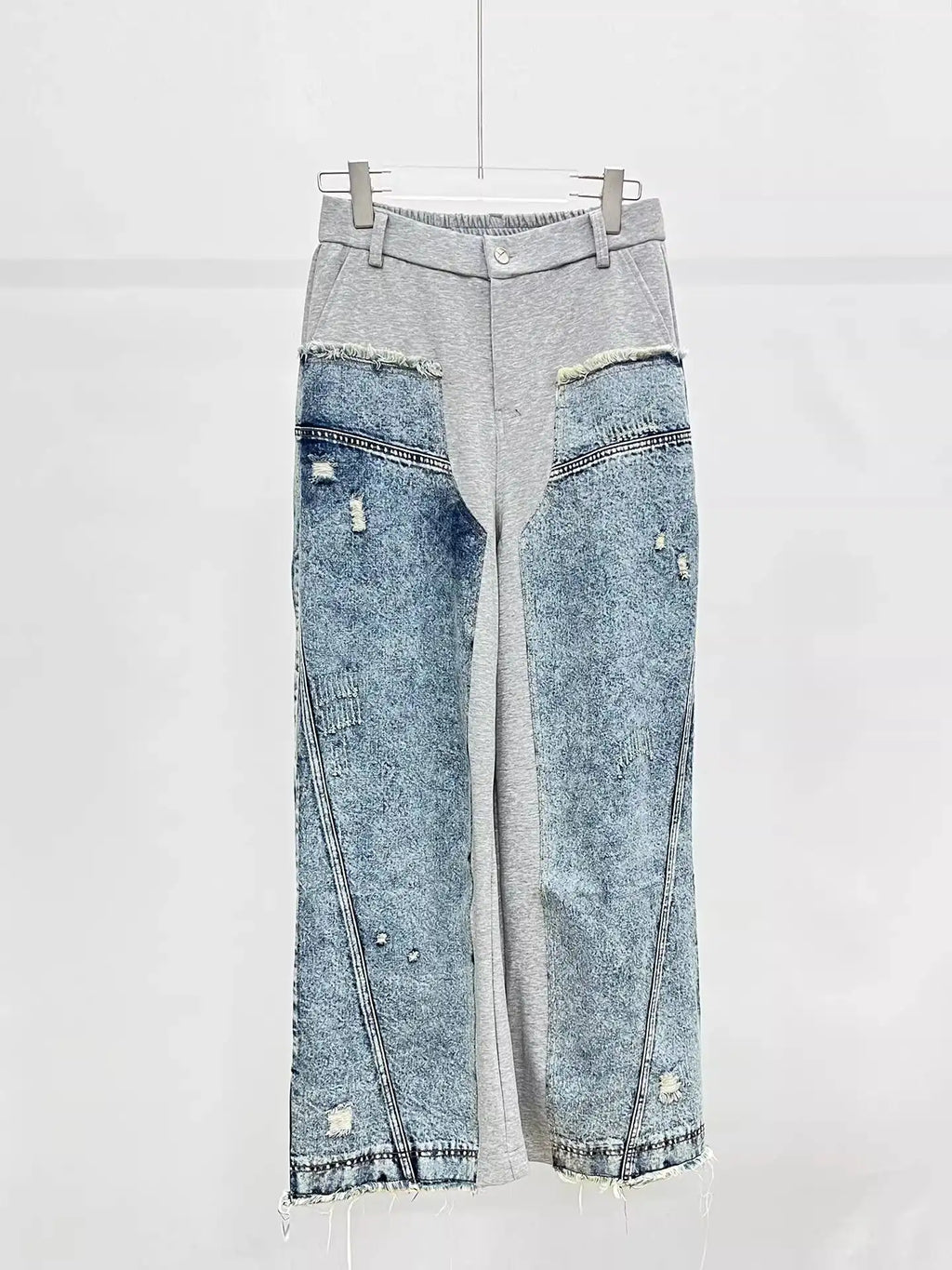 HKSH Spring Autumn New Men Trend Ripped Frayed Denim Patchwork Jacket Elastic Waist Wide-Leg Pants Fashion Two-Piece Set HK16899