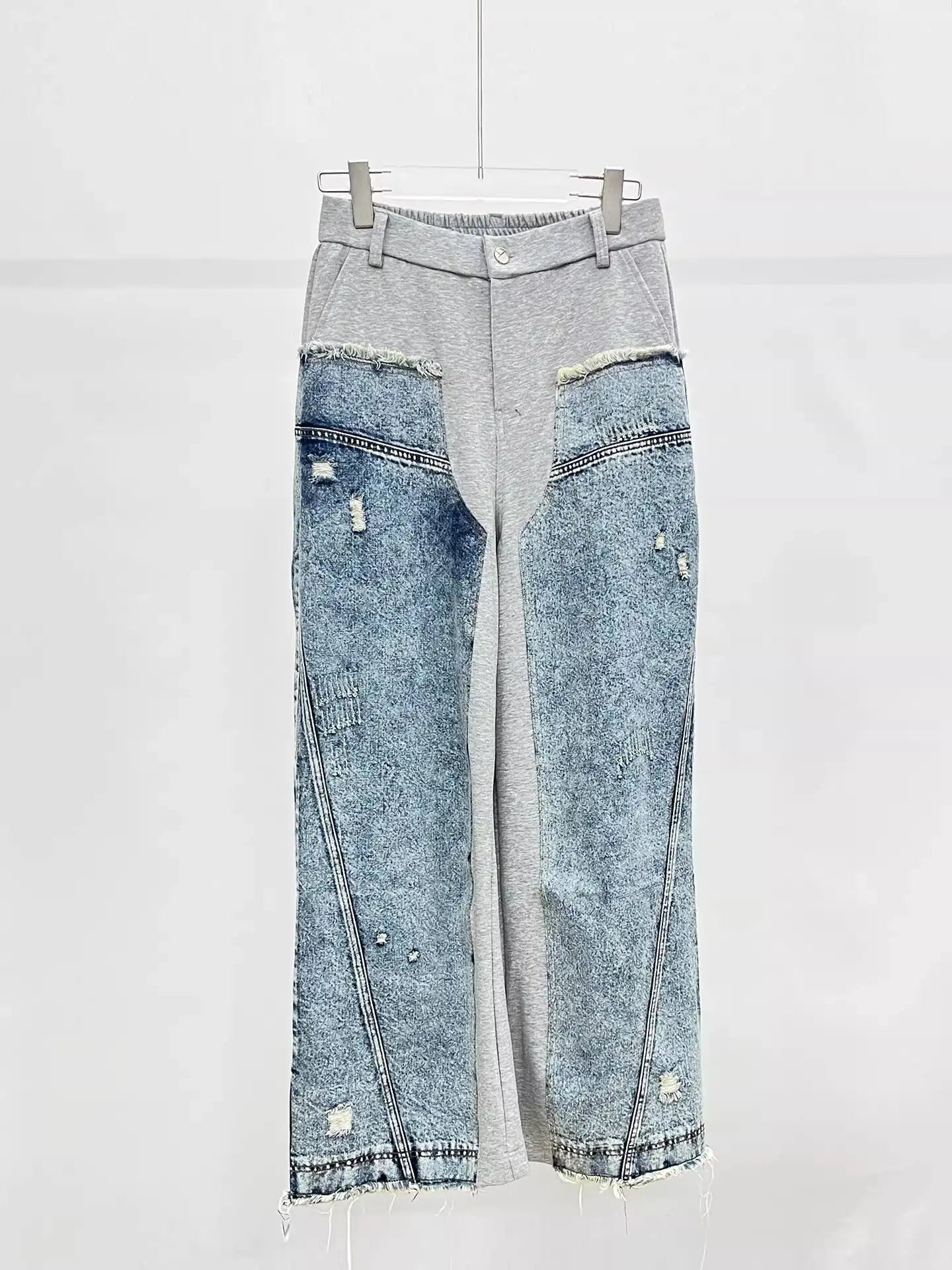 HKSH Spring Autumn New Men Trend Ripped Frayed Denim Patchwork Jacket Elastic Waist Wide-Leg Pants Fashion Two-Piece Set HK16899