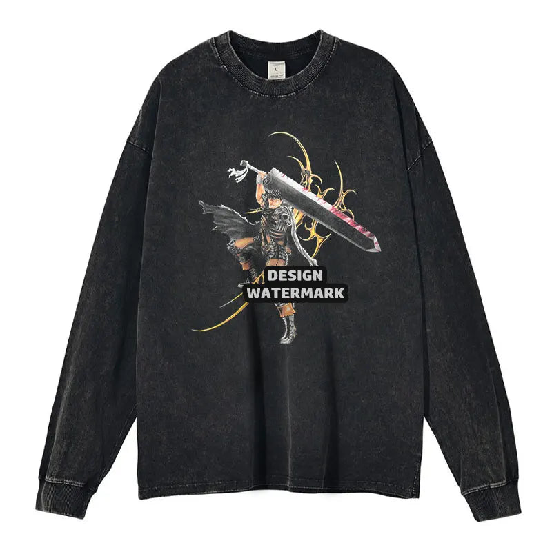 Anime Griffith Sweater Oversized Vintage Washed B -Berserk Long Sleeve T Shirt Manga Guts Pullover Zodd Sweatshirts 100% Cotton