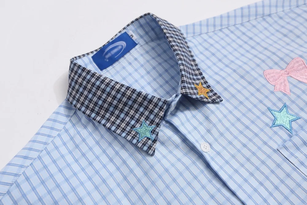 Plaid Patchwork Long Sleeve Shirts Mens Cartoon Embroidery Spring Retro Casual Loose Lapel Single Breasted Shirts Man