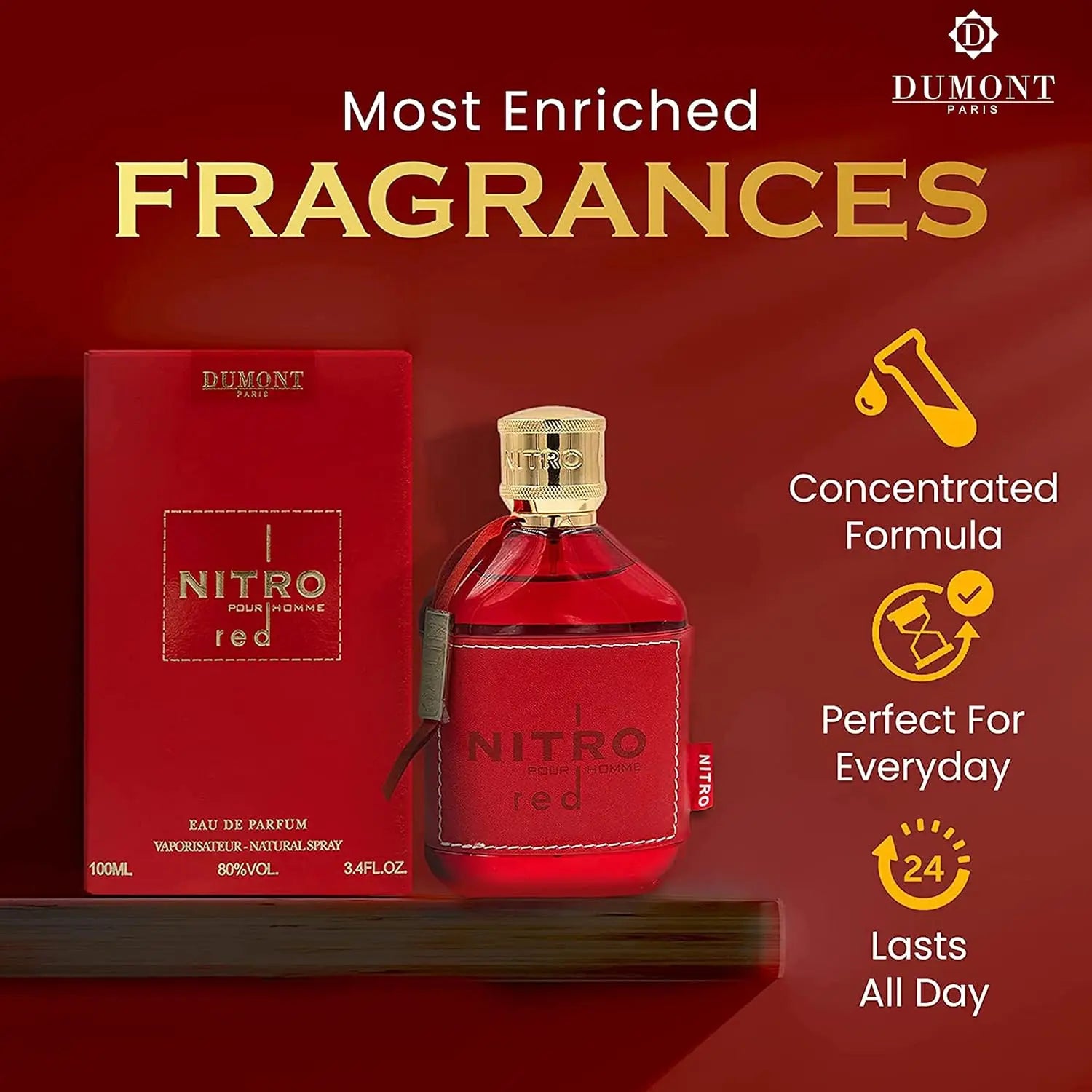 Dumont NITRO RED - 3.4oz - Eau De Parfum - Luxury Perfume for Men - Fruit, Woody, Floral & Masculine Fragrance - Long Lasting Co