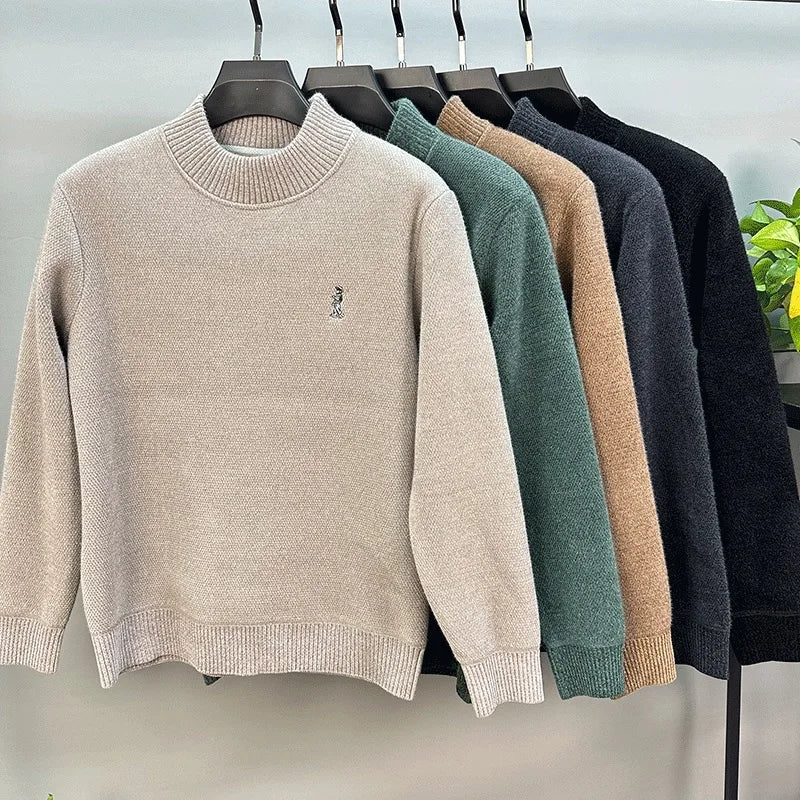 Luxury brand men's round neck knitted sweater fashion cartoon embroidery comfort warm plush autumn winter casual golf pullover