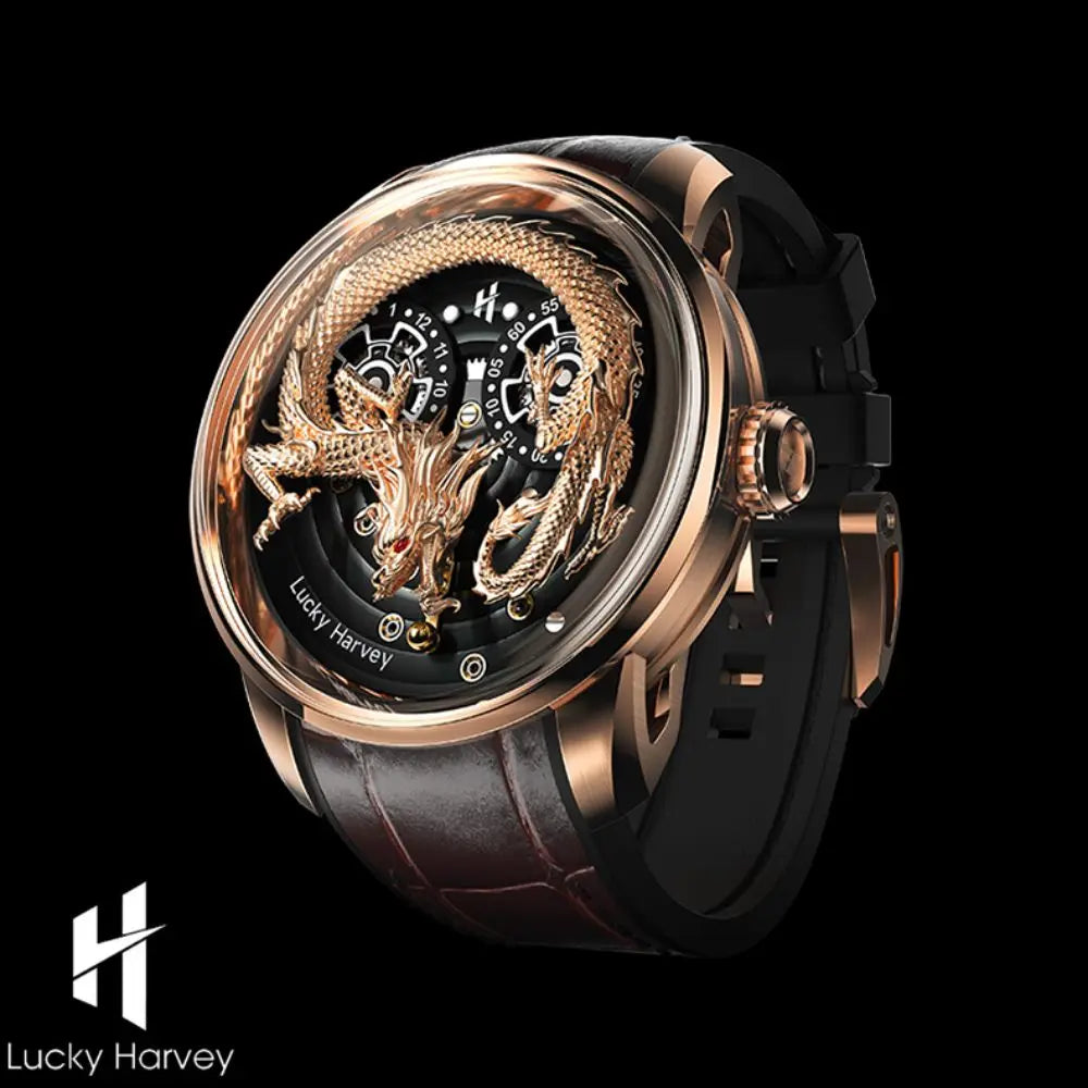 Lucky Harvey 3D Engraving Dragon Dial Automatic Mechanical Watches for Men Self-wind Movement Sapphire Waterproof Casual Watch