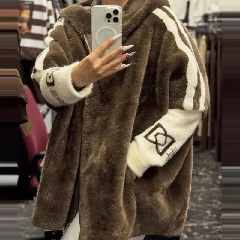 Casual Warm Plush Women's Coat Fashionable Zipper Cardigan With Baton Sleeves Loose Hooded Coat Autumn Winter New Commuting Wear
