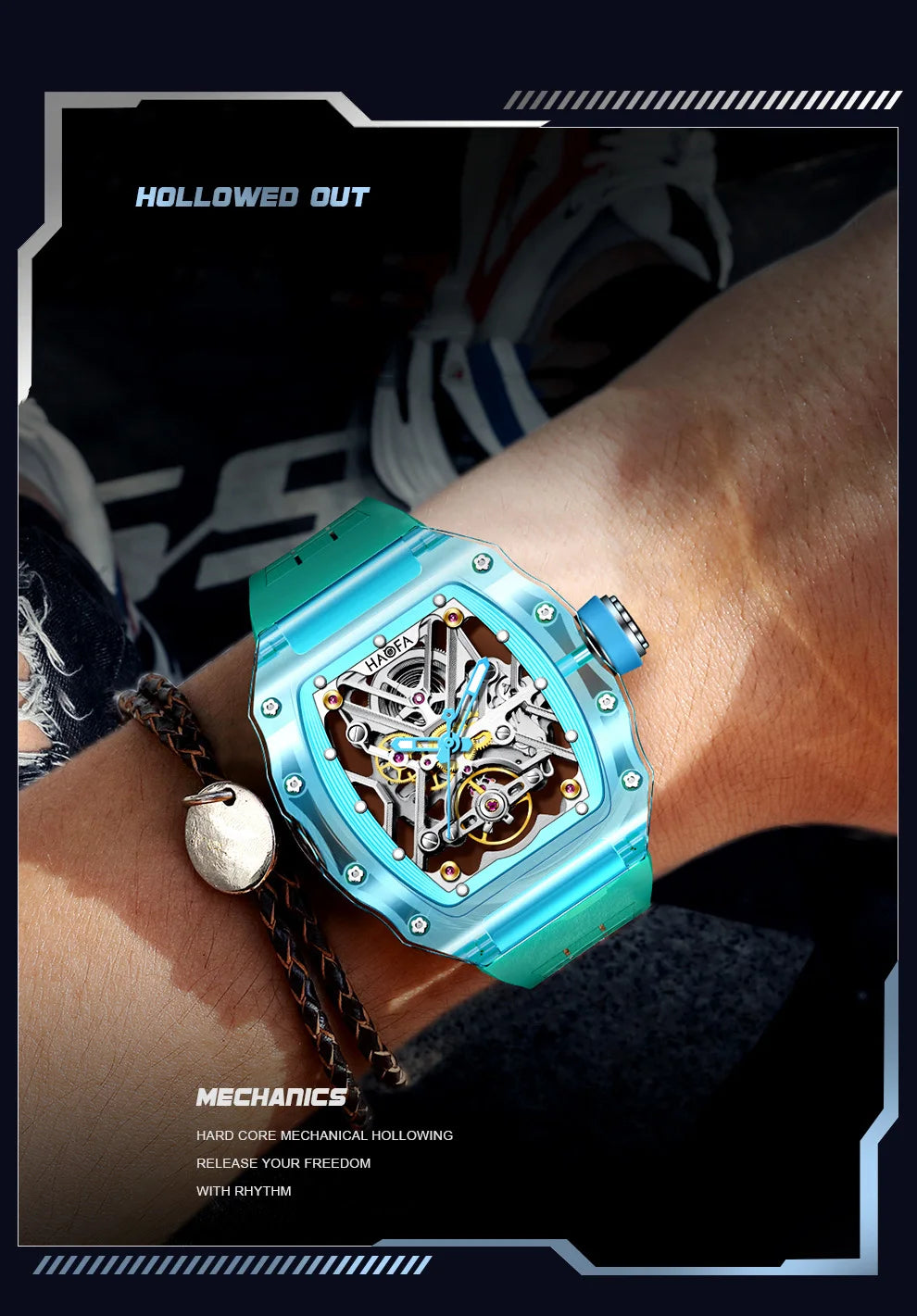 Haofa Crystal Case Automatic Man Watch 72H Power Model Skeleton Dial Self Wind Mechanical Movement Wristwatch Luxury 2203