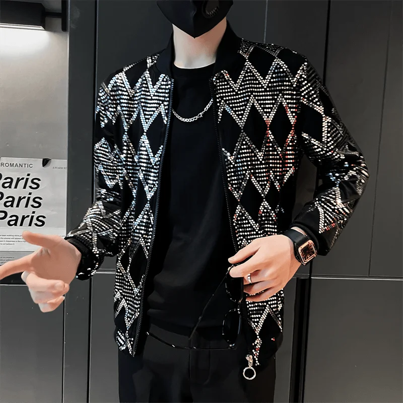 Y2K Men's Streetwear Night Club Stage Thin Motorcycle Jackets Fashion Men Hip Hop Sequined Bombers Jacket Coat Fashion Clothing