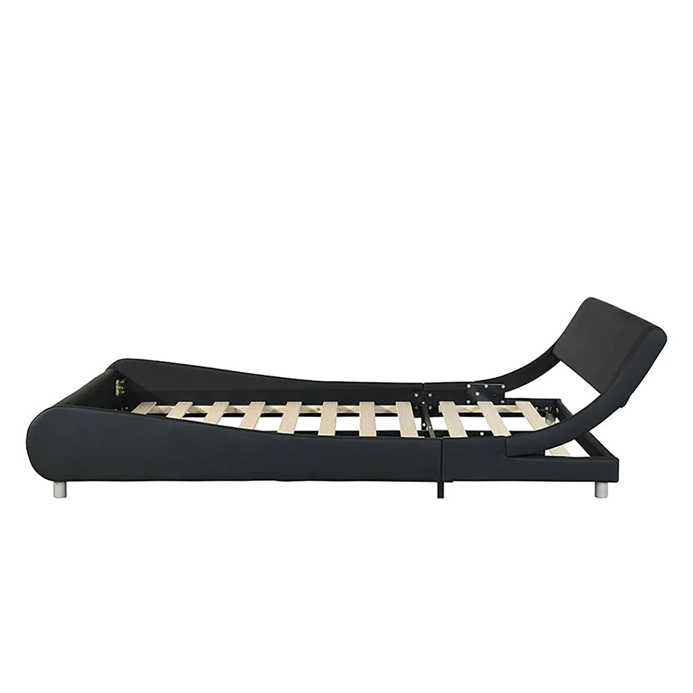 Faux Leather Bed Frame: LED (Remote+APP), Curve, Wood Slat, No Box Spring, Queen Black