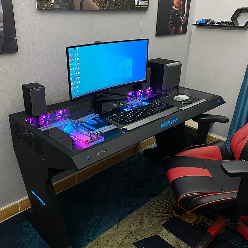 btooer Computer Case All-in-One Desk Cool Sci-fi Water Cooling Irregular Built-in Fully Transparent Large Case E-sports