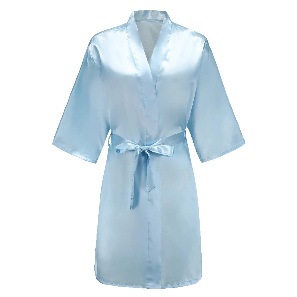 Light Blue Women's Satin Robe Short Kimono for Bride & Bridesmaid With White Letter, Wedding Party Robes
