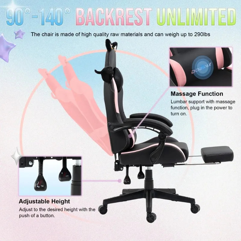 Cute Gaming Chair with Cat Ears Footrest Pink Kawaii Computer Chair Ergonomic High Back Gamer Seat with Cat Paw Lumbar Support