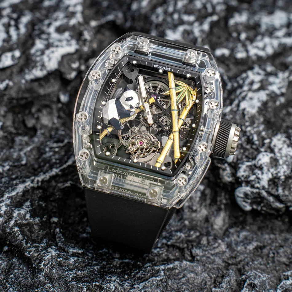 CRONUSART Men Tourbillon Watch 50mm*42mm Tonneau Sapphire Case Mechanical Wristwatch Fluororubber Strap Skeleton Panda Dial