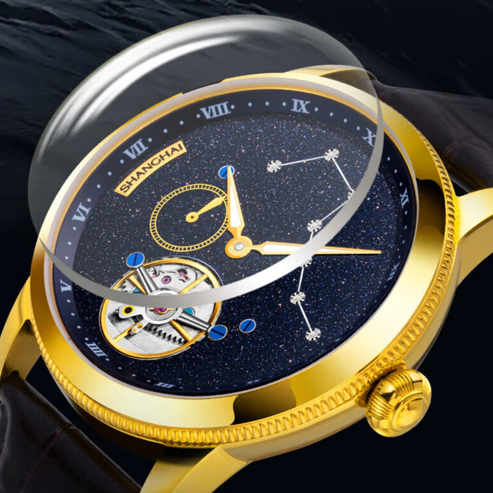 Shanghai Watch Carousel Manual Winding Mechanical Watches Luxury Men's Wristwatch Rotating Dial Luminous Waterproof Watch 6813J