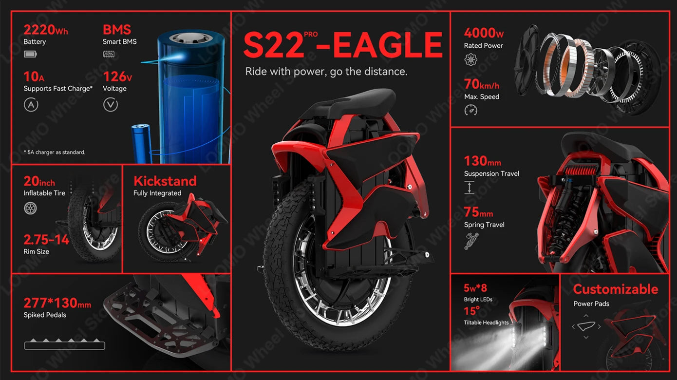 Newest KingSong S22 Pro 126V 2220Wh Electric Unicycle 4000W Motor 20 Inch Off-road Suspension KS S22 Pro Electric Unicycle