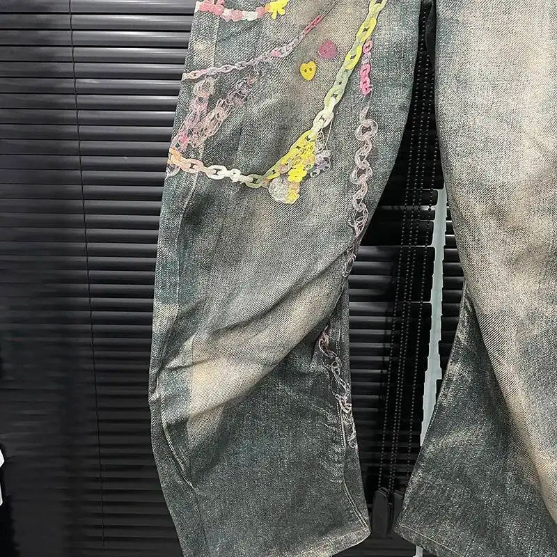 DEAT Fashion Women's 3D Chain Printed Contrast Color Jeans Niche Design High Waist Casual Denim Pants Female Trendy 11A04071