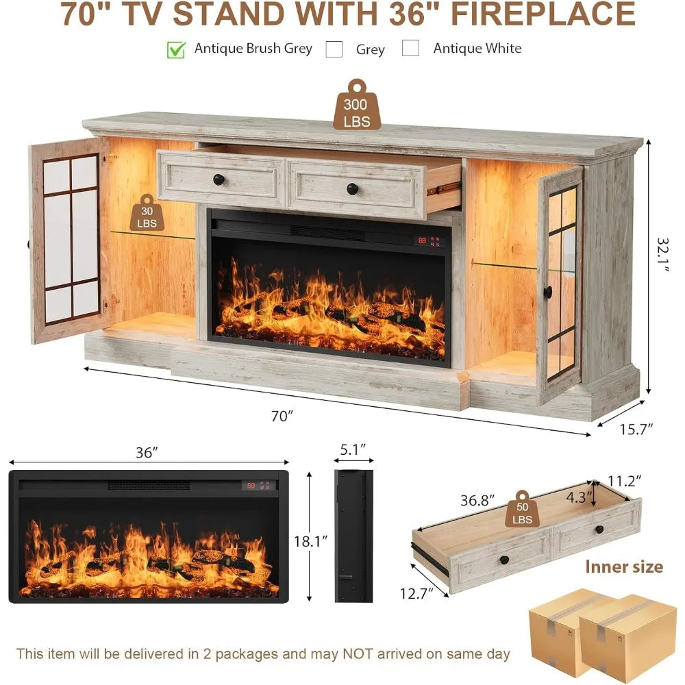 Modern Farmhouse Entertainment Center with Electric Fireplace LED Lights - TV Stand for up to 80'' TVs 70'' Media ，Customized