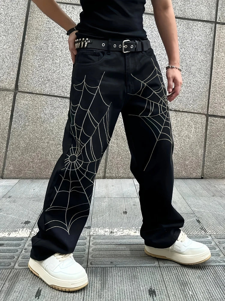 Men's Black Jeans Spider Web Printing Loose Wide Leg Casual Daily Trousers High Street Fashion Trendy Streetwear Denim Pants