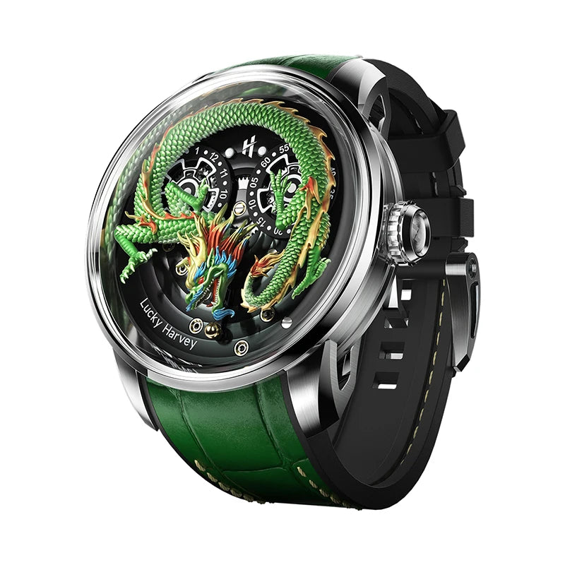 Lucky Harvey Automatic mechanical movement watches for men Synthetic sapphire 3D  Engraving Chinese dragon dial waterproof watch